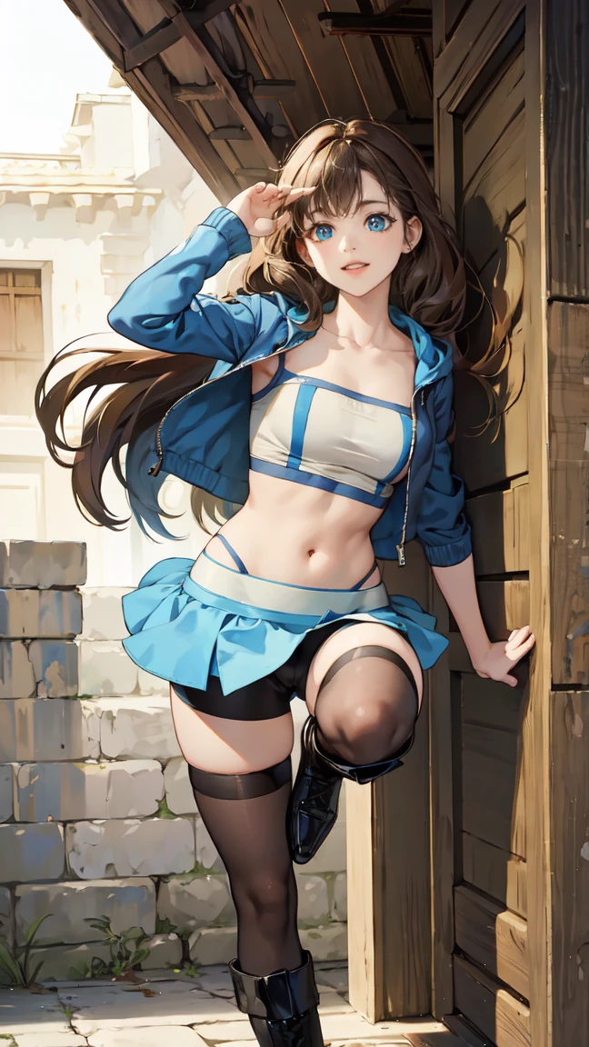 1masterpiece, perfectly detailed, high-resolution, 4k quality. Full body, 1girl, solo, mature woman, long brown hair, hime cut stile, blue eyes almond, medium breasts, collarbone, hip bones, adventurer, sports bra, bicycle shorts, miniskirt, bicycle shorts under miniskirt,  open mini jacket, puffed poet sleeves,  high heels boots, thigh_highs, caramel sword, caramel bow, anime style, medieval fantasy style, looking at viewer, smiling, lovely smiling, upskirt, skirt lifth, cameltoe peek, 