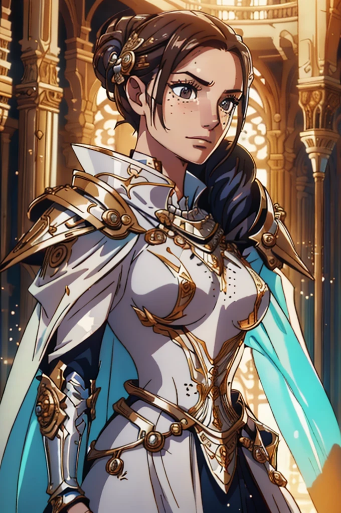 Create an image of a young woman with a slightly bored expression, a sprinkling of freckles on her youthful face, and her hair elegantly gathered. She is dressed in armor, suggesting she may be a female knight, with a white cape draped over her shoulders. Her relaxed, almost disinterested smile contrasts with her strong and noble appearance, giving her an air of casual confidence. The image should convey a mix of elegance, strength, and nonchalance.