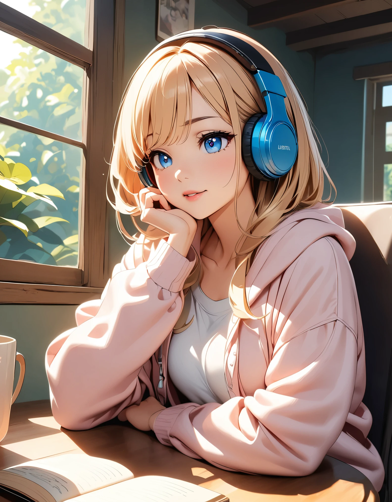 A woman relaxing、Reading a book、listen to music、Hot coffee、Cozy rooms、((Beautiful detailed eyes、Beautiful detailed lips、Highly detailed eyes and face、Long eyelashes))、(Anime Style:1.4)、Beautiful CG illustrations、Photorealistic、8k、masterpiece、Cinematic lighting、Warm colors、Soft Focus、Natural Light、Peaceful atmosphere、Cozy interior、Cozy loungewear、Book in hand、Headphones、Steaming mug on the table、Comfortable chair、Sunlight from the window、Calm colors、quiet、 Calm and relaxing