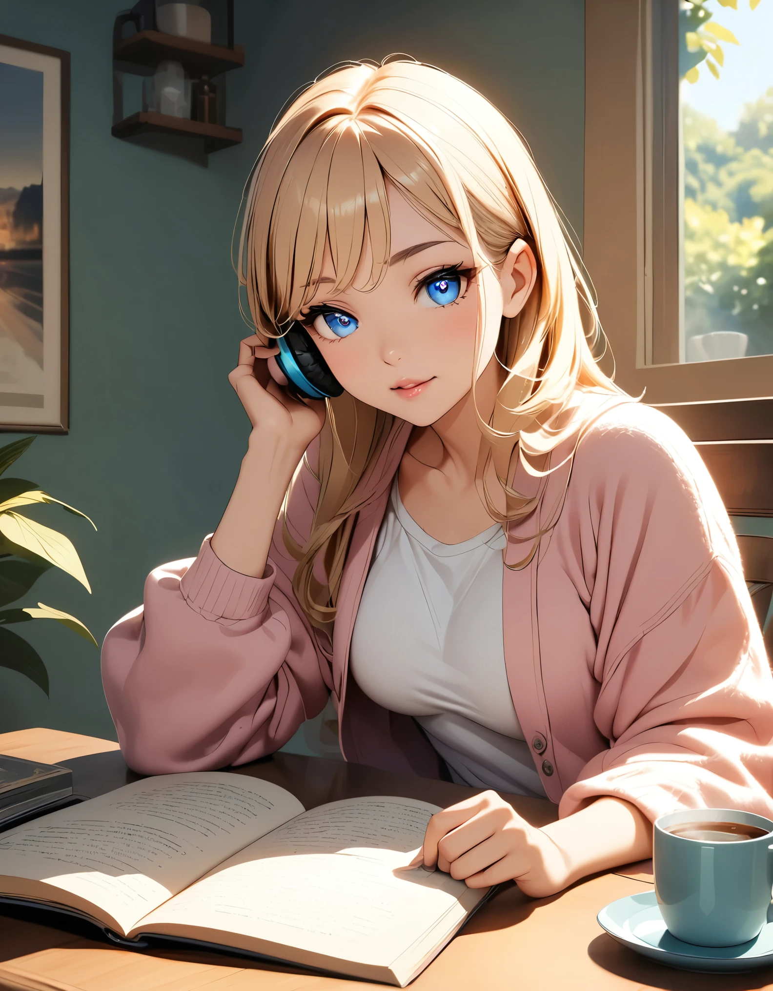 A woman relaxing、Reading a book、listen to music、Hot coffee、Cozy rooms、((Beautiful detailed eyes、Beautiful detailed lips、Highly detailed eyes and face、Long eyelashes))、(Anime Style:1.4)、Beautiful CG illustrations、Photorealistic、8k、masterpiece、Cinematic lighting、Warm colors、Soft Focus、Natural Light、Peaceful atmosphere、Cozy interior、Cozy loungewear、Book in hand、Headphones、Steaming mug on the table、Comfortable chair、Sunlight from the window、Calm colors、quiet、 Calm and relaxing