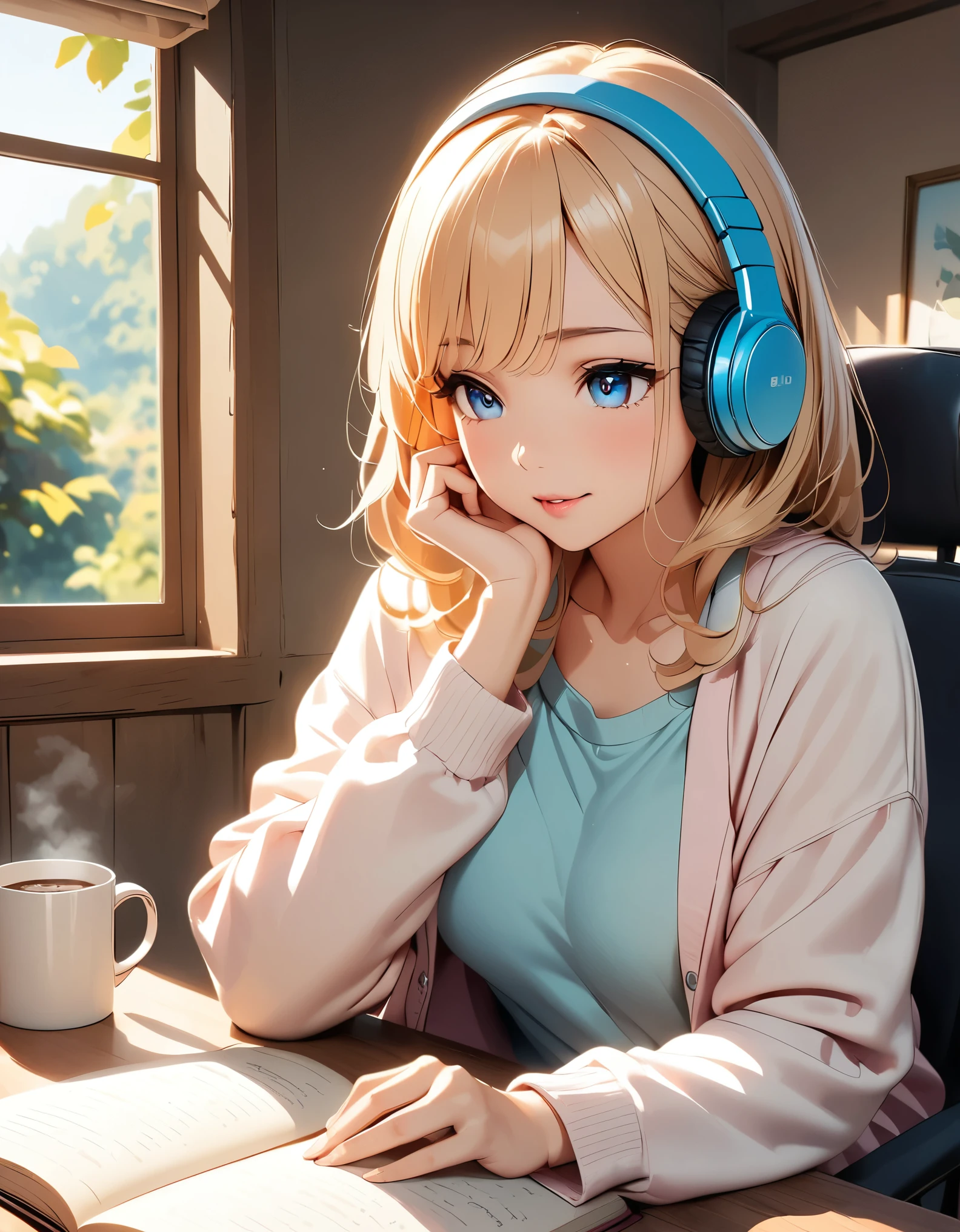 A woman relaxing、Reading a book、listen to music、Hot coffee、Cozy rooms、((Beautiful detailed eyes、Beautiful detailed lips、Highly detailed eyes and face、Long eyelashes))、(Anime Style:1.4)、Beautiful CG illustrations、Photorealistic、8k、masterpiece、Cinematic lighting、Warm colors、Soft Focus、Natural Light、Peaceful atmosphere、Cozy interior、Cozy loungewear、Book in hand、Headphones、Steaming mug on the table、Comfortable chair、Sunlight from the window、Calm colors、quiet、 Calm and relaxing