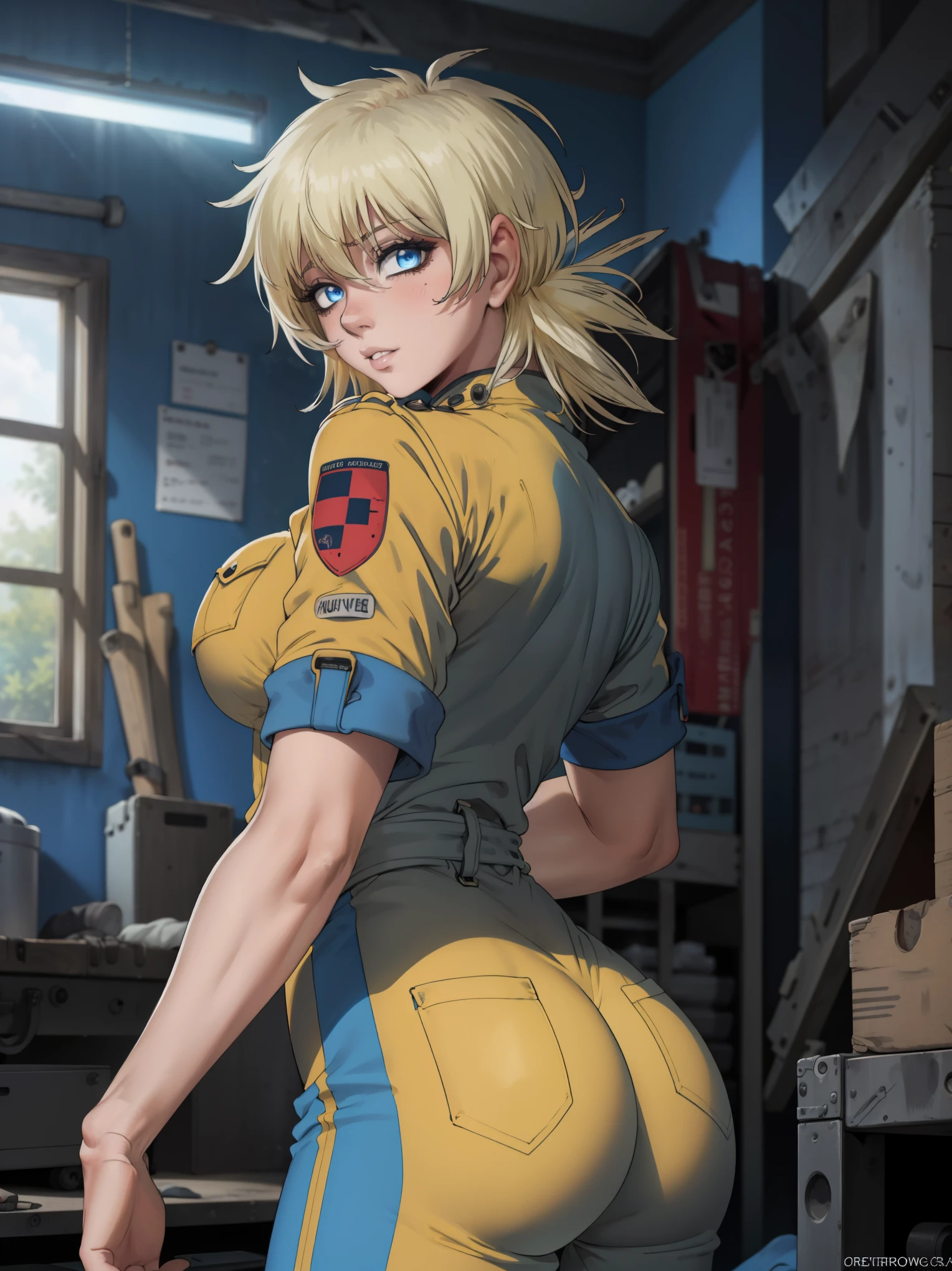 masterpiece, highest quality, best quality, official art, beautiful and aesthetic: 1.2), (1girl), extremely detailed, (fractal art: 1.3), colorful, highest detailed, perfect face, upper body, HDR, (prayer: 1.3), (dynamic stripes, luminous traces: 1.2), bright colors, seras, garage,  mechanic, standing, ass focus, breasts, large ass, bare ass, naked, nude, ass window, sexy, wide hips, thicc figure, Detailed blue eyes, Detailed face, Detailed eyes, perfect face, perfect eyes, wearing blue jumpsuit, jumpsuit, blue jumpsuit, looking back, looking at viewer 