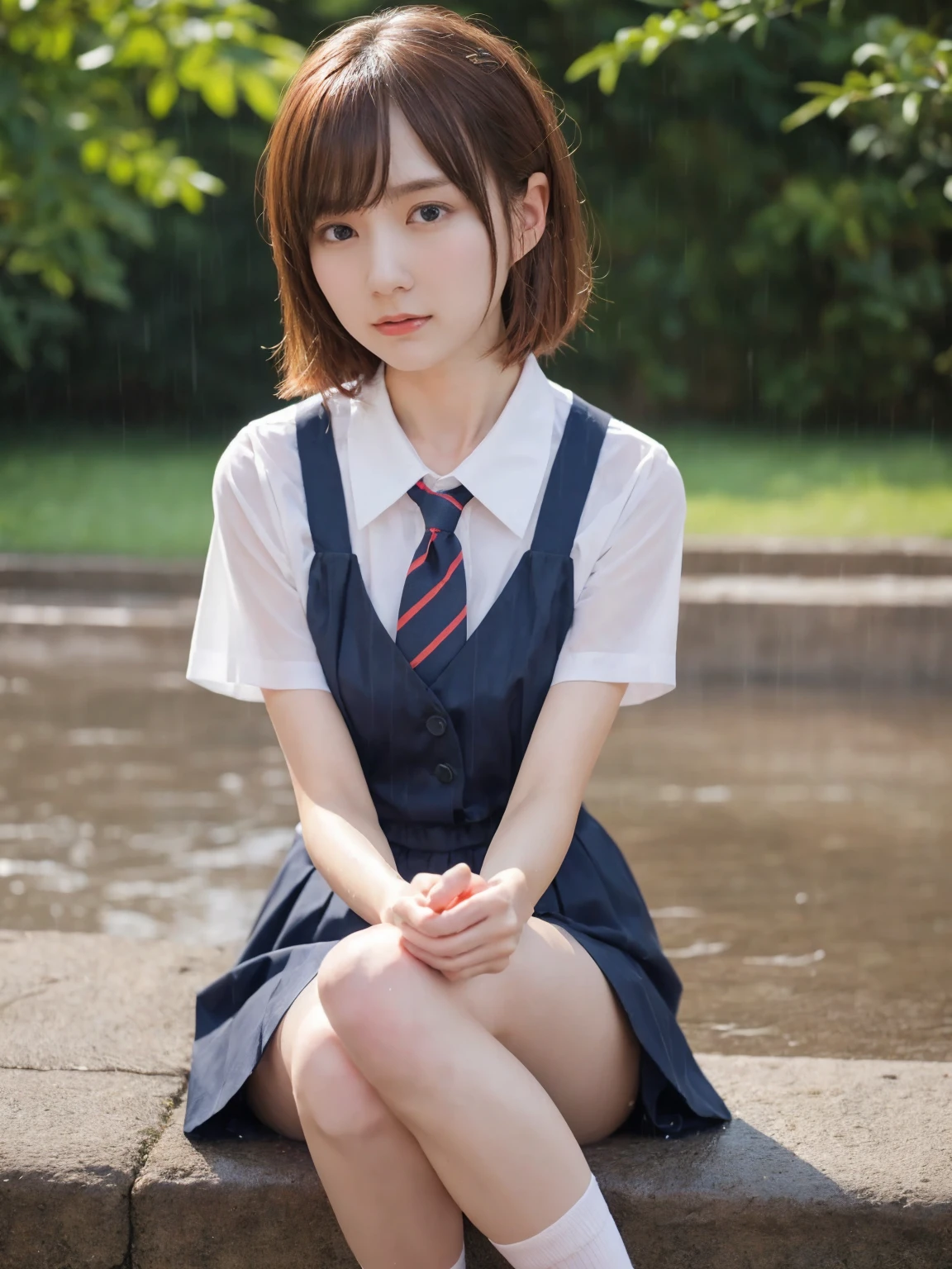 (masterpiece, Best Quality, Best Quality, Official Art, beautifully、aesthetic:1.2), (Realistic,RAW Photos, Best Quality),(A girl soaked in the rain), (Misaka Mikoto Cosplay:1.2)、Clear images、Best Quality、8k、Brown Hair、Asymmetrical Very Short Hair、hairpin、Tokiwadai Junior High School short sleeve uniform、School、Arms crossed、Mini skirt loose socks、sit&#39;knees,(hugging own legs:1.4),panties,Her skirt is rolling up,常盤台中School,Squat,Wet Hair,Wet Face、Wet Skin、Wet body、Wet costume,I got wet without an umbrella,