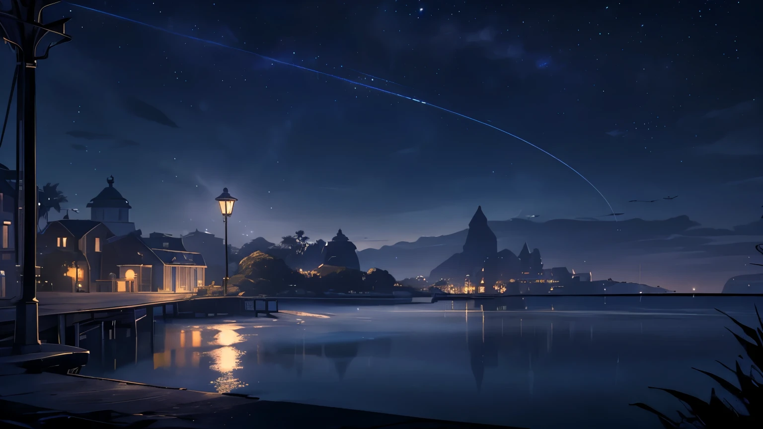 (best quality,highres,masterpiece:1.2),ultra-detailed,A serene night scene, a pier under a starry sky, street lamps casting a soft glow, the moonlight reflecting on the still waters, an island silhouette in the distance, dramatic shadows and highlights, a peaceful, atmospheric landscape, (no people), moody blue tones, dramatic lighting, detailed 3D rendering, masterpiece