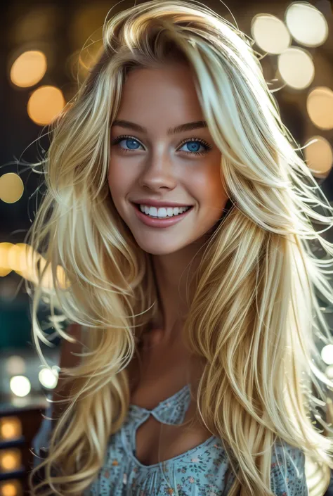 summer6, beautiful blonde, at night, city, night dress, city lights, realistic, photography, selfie, smile