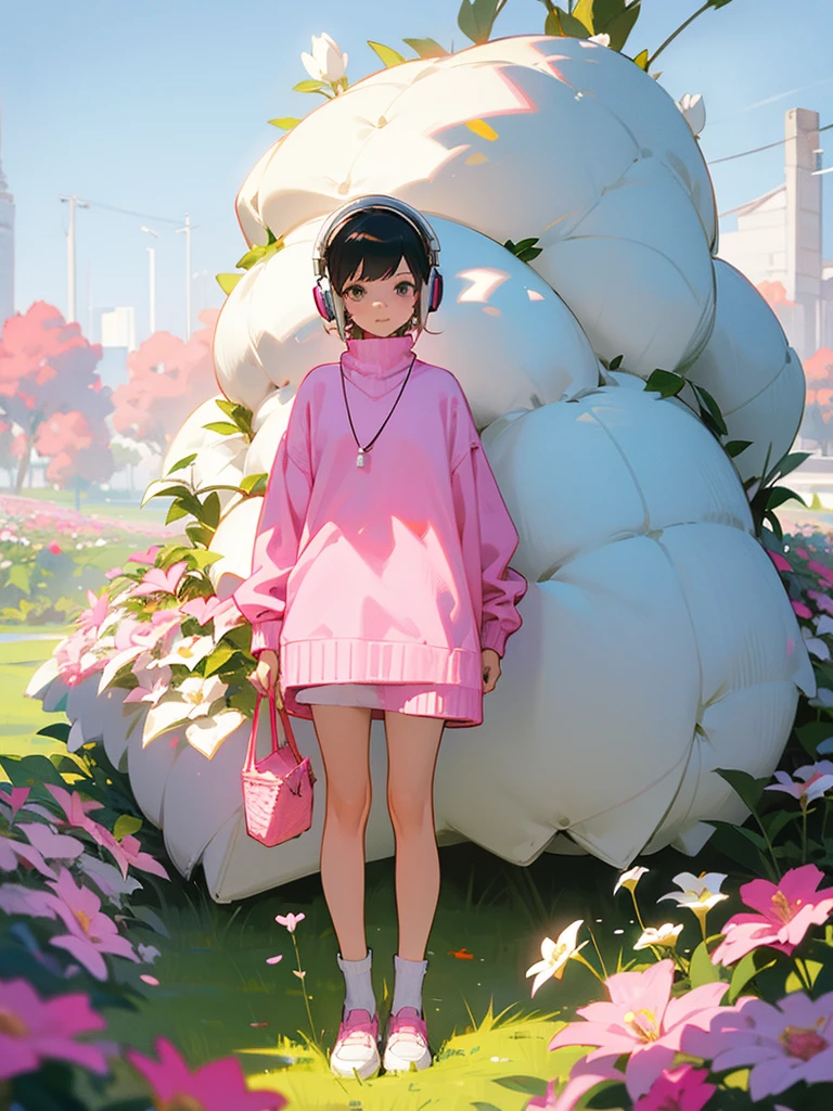 Young woman, short hair, using white headphones, pink sweater, standing in flowers bed, afternoon hour.