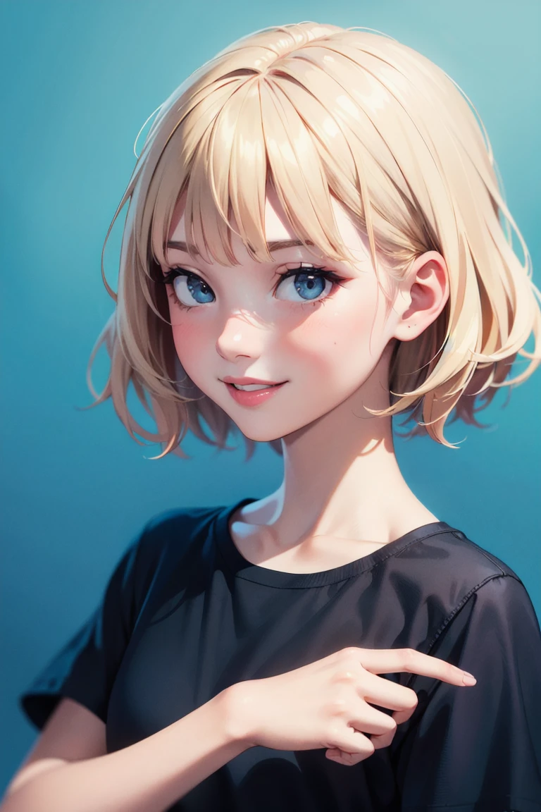 girl, frontal position, childlike, cute, beautiful, lovely, (girl, 1 girl, high school boy), blonde, white, european, ultra detailed skin, bangs, ((short hair)), chubby, lovely lips, (smile), highlights, realism, gradient, gradient blue background, , , a photorealistic painting, photorealism, , fantastic, pink skin, blush, cgstudio, ultra detailed face, realistic, medium full shot: 1.5, blue background, (all black black t-shirt), with one hand up