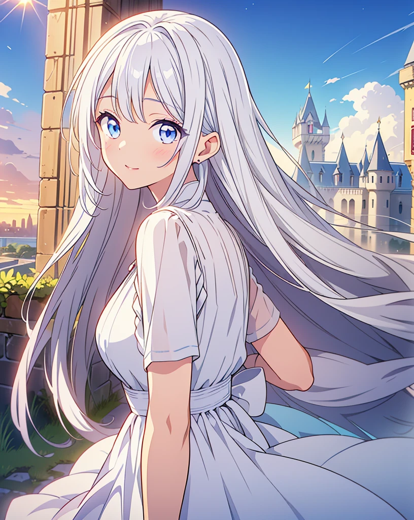 Best Quality, 32K, High resolution, masterpiece:1.5, One beautiful girl, Anime-style illustrations, Rich emotional expression, An exceptionally beautiful face, Perfect Human Anatomy, Big starry eyes, Shiny gradient hair, Super long straight silk hair, Asymmetrical bangs, Hair between the eyes, Transparent, soft white skin, Detailed and cute lips, ((White dress:1.3)), ((Dazzling sunlight:1.2)), ((An old castle seen in the distance:1.3)), Beautifully detailed skies, Mysterious