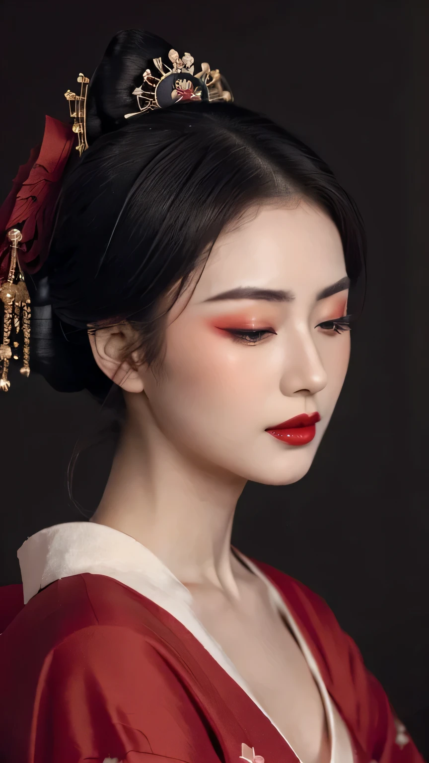 ((Top quality, 8k, Masterpiece: 1.3)), Sharp focus :1.2,   ((geisha)).   (()).   ((Body slim thin captivating)).   ultra-detailed face,   highly detailed lips,    detailed eyes,   long eyelashes,    Make-up face.   Red lipstick.  hair accessories,    hair Bun,  elegance,    enchanting,

((Red kimono)).  

((Only shows the face)).     ((Only shows the face)).    make-up face with lipstick,     both eyes closed,     both eyes closed,     both eyes closed,    both eyes closed,      both eyes closed,    both eyes closed,     ((Dark background))