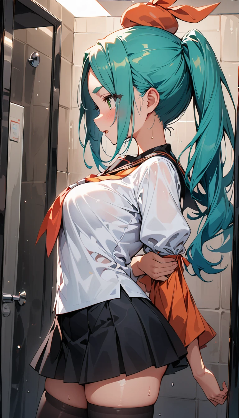 (curvy, medium breasts, tented shirt), (Sticky Sailor uniform, mini skirt), ((1girl, Ononoki Yotsugi, monogatari \(series\))), beautiful detailed eyes, green eyes,(cute eyes), black thigh highs, arms behind back, (Carving Waistline), Shower room, (cowboy shot, from left side), Best Quality, Super detailed, masterpiece, Ultra-high resolution, 8k, Embarrassing, blush, Nice, (With tears in my eyes), open mouth, sweat, (from left side), (from left side)