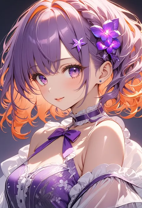 (masterpiece)、(best quality)、(super detailed)、girl anime hair curled flouresente shiny, color purple neon orange neon. cowboy sh...