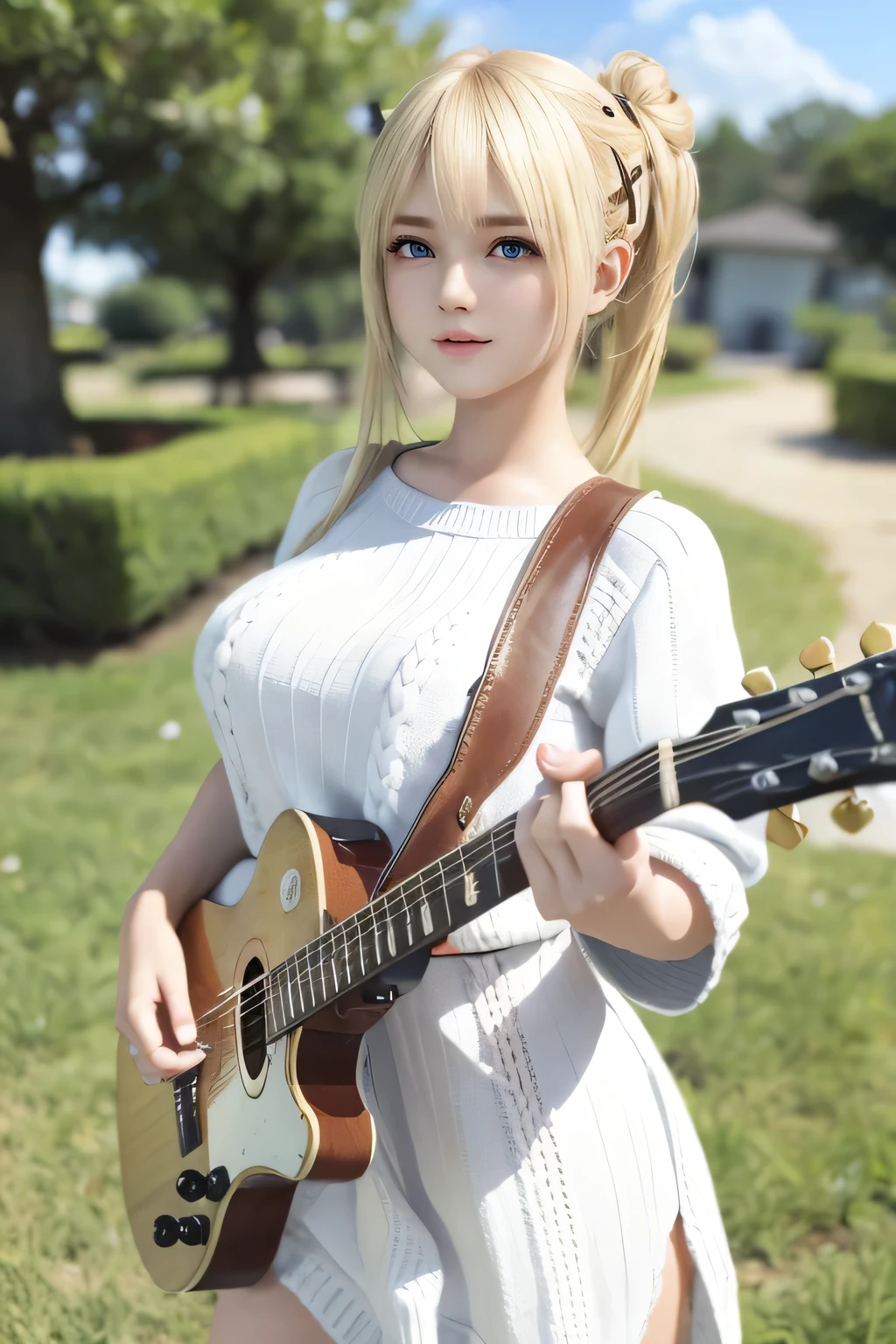 Playing guitar, Marie rose, 12yo, adorable girl, child face, Marie rose, Blonde hair, Double buns, (((Oversized Knit dress))), Selfie, standing, upper body, Looking at viewer, Garden, (high saturation:1.0),  (extremely detailed skin), (best quality:1.0), (ultra highres:1.0) ,(photo realistic:1.0), (ultra detailed:1.0), (8k, RAW photo:1.1),(see-through:1), (smile, looking at viewer:1), ((Natural huge tits)), Blonde hair, Double buns, Masterpiece, playing guitar