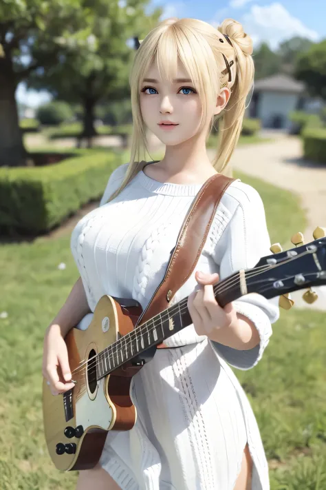 playing guitar, marie rose, 12yo, adorable girl, child face, marie rose, blonde hair, double buns, (((oversized knit dress))), s...