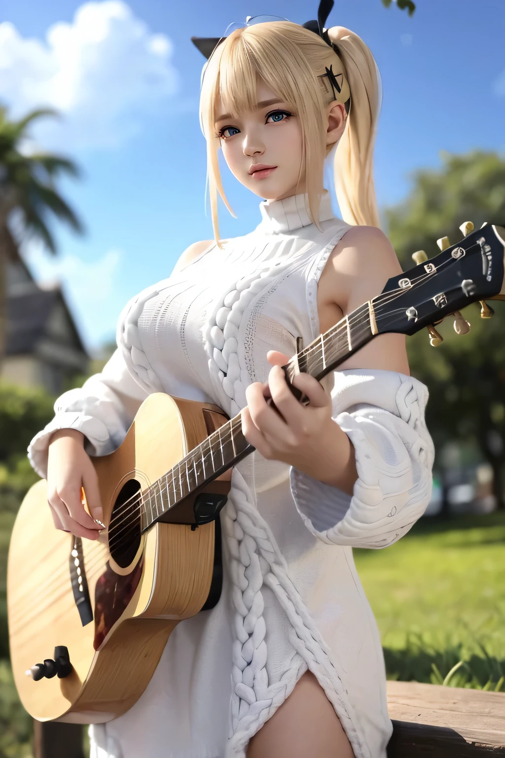 Playing guitar, Marie rose, 12yo, adorable girl, child face, Marie rose, Blonde hair, Double buns, (((Oversized Knit dress))), Selfie, standing, upper body, Looking at viewer, Garden, (high saturation:1.0),  (extremely detailed skin), (best quality:1.0), (ultra highres:1.0) ,(photo realistic:1.0), (ultra detailed:1.0), (8k, RAW photo:1.1),(see-through:1), (smile, looking at viewer:1), ((Natural huge tits)), Blonde hair, Double buns, Masterpiece, playing guitar