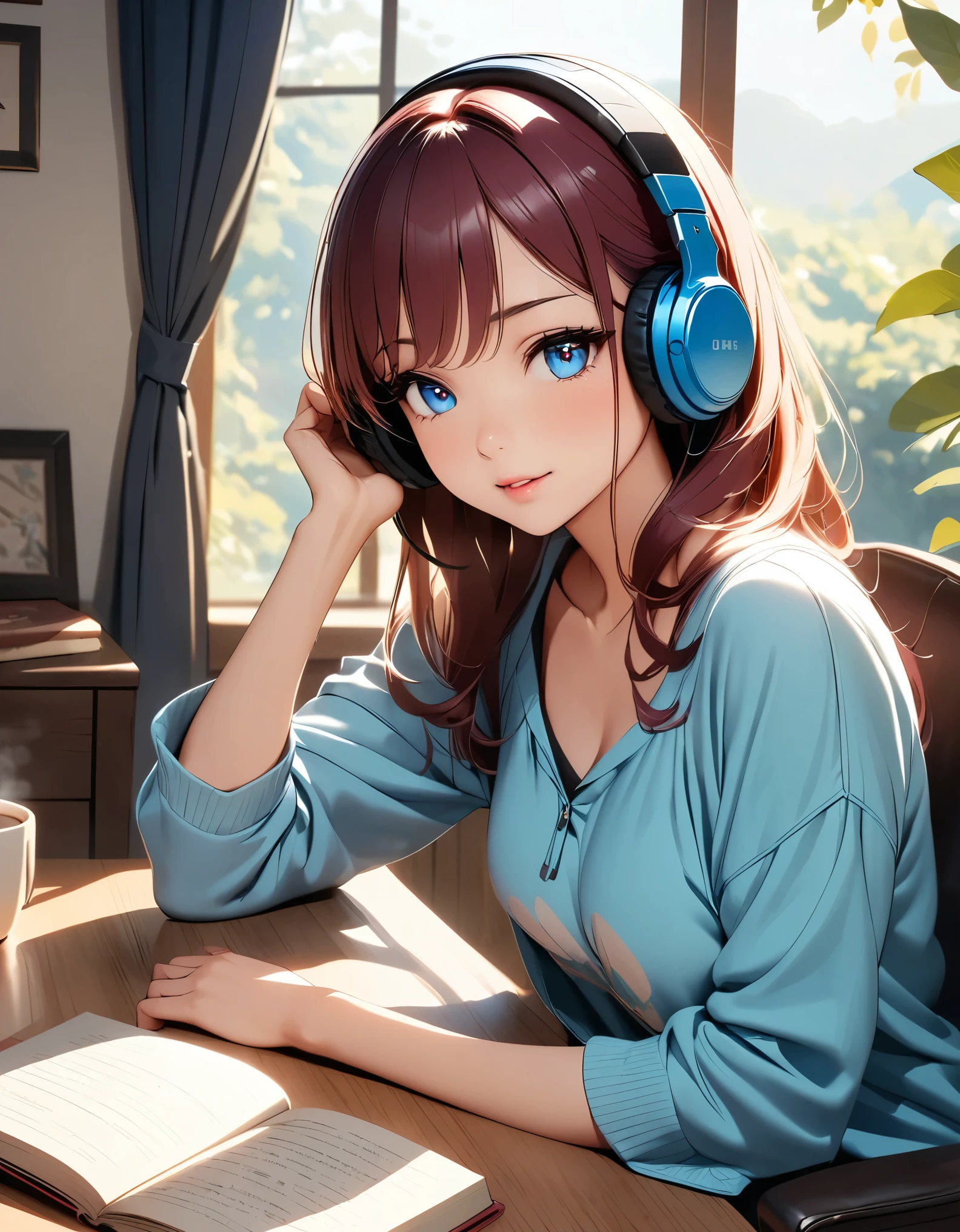 A woman relaxing、Reading a book、listen to music、Hot coffee、Cozy rooms、((Beautiful detailed eyes、Beautiful detailed lips、Highly detailed eyes and face、Long eyelashes))、(Anime Style:1.4)、Beautiful CG illustrations、Photorealistic、8k、masterpiece、Cinematic lighting、Warm colors、Soft Focus、Natural Light、Peaceful atmosphere、Cozy interior、Cozy loungewear、Book in hand、Headphones、Steaming mug on the table、Comfortable chair、Sunlight from the window、Calm colors、quiet、 Calm and relaxing