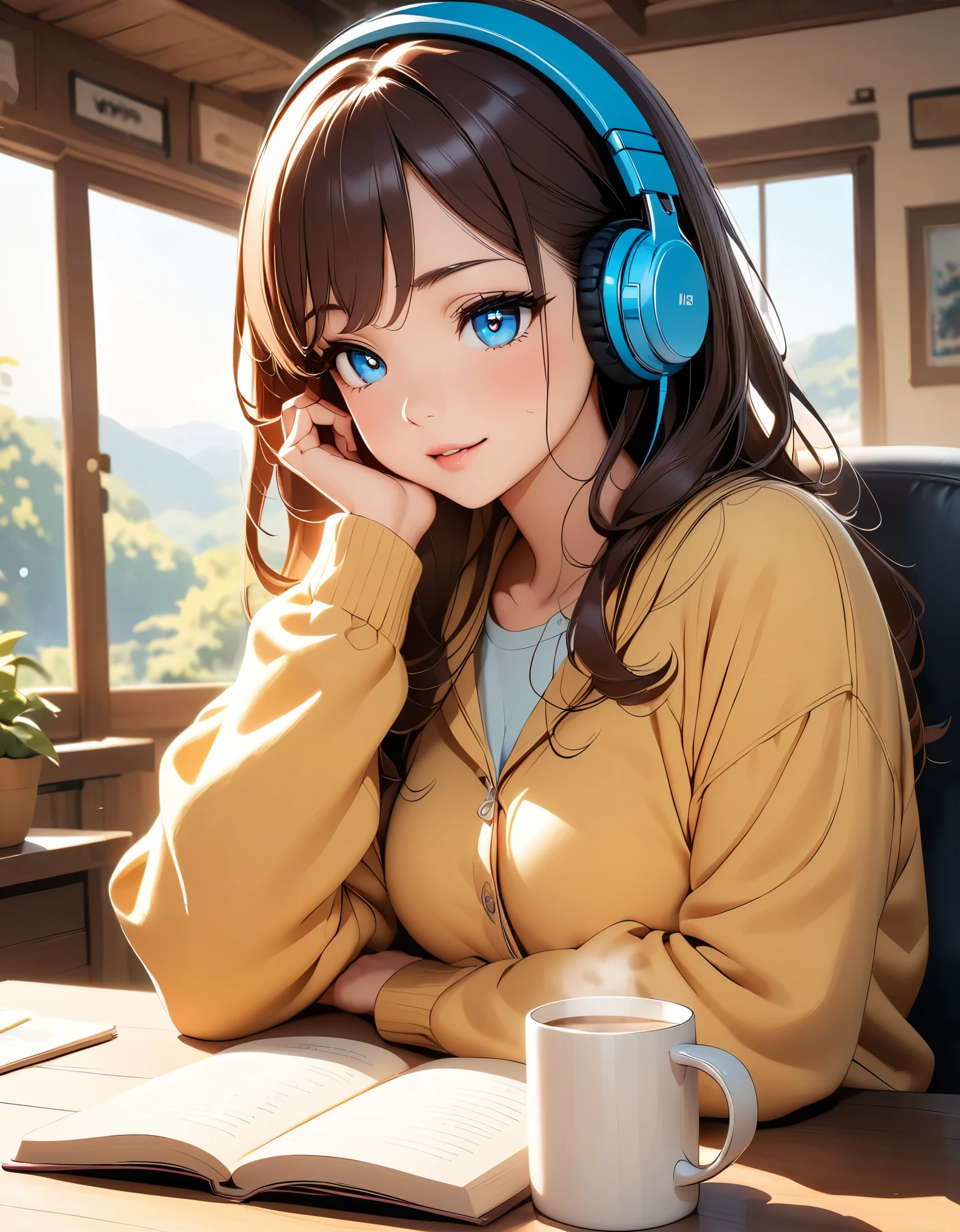 A woman relaxing、Reading a book、listen to music、Hot coffee、Cozy rooms、((Beautiful detailed eyes、Beautiful detailed lips、Highly detailed eyes and face、Long eyelashes))、(Anime Style:1.4)、Beautiful CG illustrations、Photorealistic、8k、masterpiece、Cinematic lighting、Warm colors、Soft Focus、Natural Light、Peaceful atmosphere、Cozy interior、Cozy loungewear、Book in hand、Headphones、Steaming mug on the table、Comfortable chair、Sunlight from the window、Calm colors、quiet、 Calm and relaxing