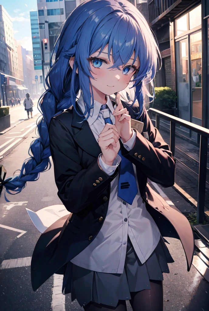 (masterpiece,intricate details),1 girl,mature woman,light _face, BREAK Roxymigurdia, Roxy, Ahoge, black ribbon, blue eyes, blue hair, Braid, hair between eyes, hair ribbon, long hair, twin Braids, very long hair,happy smile, smile, open your mouth, Destroy White Y-Shirt,Blue Blazer,Blue pleated skirt,Gray pantyhose,White Loafers,
壊す looking at viewer,
break outdoors, In town,Destroy a city of buildings (masterpiece:1.2), highest quality, High resolution, unity 8k wallpaper, (figure:0.8), (detailed and beautiful eyes:1.6), Highly detailed face, perfect lighting, Very detailed CG, (perfect hands, perfect anatomy),