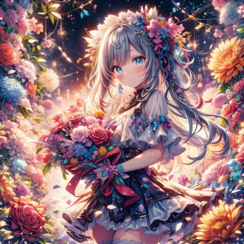 an anime illustration of a girl holding a colorful bouquet among glowing flowers filling the screen, a wonderful piece of work d...