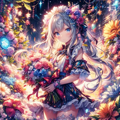 an anime illustration of a girl holding a colorful bouquet among glowing flowers filling the screen, a wonderful piece of work d...