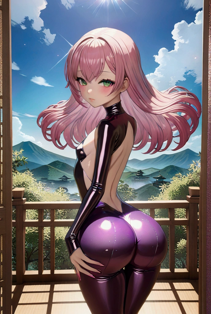 Japanese girl, (anime), manga, (3D), sexy, One Full Growth in Latex,  sparkles, Pink Green Hair, posing, ((Glitter Dust)), dynamic shadows, masterpiece, bright colors, Shimmers, clear details, beautiful appearance, Wide Format Image, score_9, score_8_up,score_7_up, masterpiece, best quality, perfect anatomy, very aesthetic, official art, 8k, (porcelain doll), (((big tight round butt in viewer's face))), horny, sexual gaze, flat chest, from behind, edgy graphic design, slender, 
