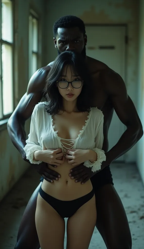 The beautiful and cute korean girl was at abandoned building,she's wearing white ripped shirt and black cute bikini, wavy hair, and big size breast, but she's not alone, there's a black african man beside her ready to rape her and trying to undress her, he was touched her breast from behind so tight, and the african man also taking off her ripped shirt, so the girl feel so scared and uncomfortable, her face looked at the the african black man, she's also wearing glasses and she's shown horny face expression, she's also do a sexy pose and the girl hands are straight up position