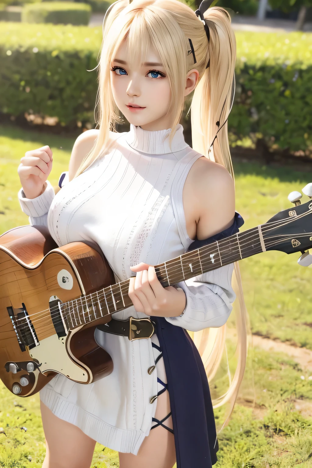 Playing electric guitar, Marie rose, 12yo, adorable girl, child face, Marie rose, Blonde hair, Double buns, (((Oversized Knit dress))), Selfie, standing, upper body, Looking at viewer, Garden, (high saturation:1.0),  (extremely detailed skin), (best quality:1.0), (ultra highres:1.0) ,(photo realistic:1.0), (ultra detailed:1.0), (8k, RAW photo:1.1),(see-through:1), (smile, looking at viewer:1), ((Natural huge tits)), Blonde hair, Double buns, Masterpiece, playing guitar