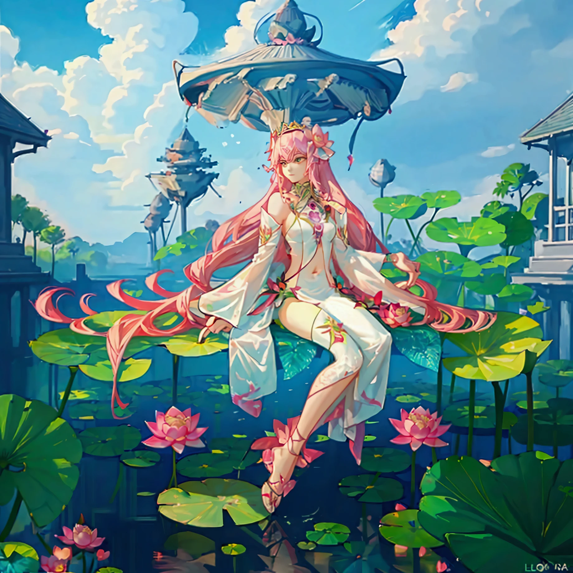 there is a pink flower floating in a pond of water, waterlily mecha nymphaea, standing gracefully upon a lotus, sitting on a lotus flower, with lotus flowers, 🌺 cgsociety, lotus flower, with bloom ethereal effects, pink lotus queen, lotus pond, lotus flowers, lotus, glowing delicate flower, lotuses, dreamy psychedelic anime