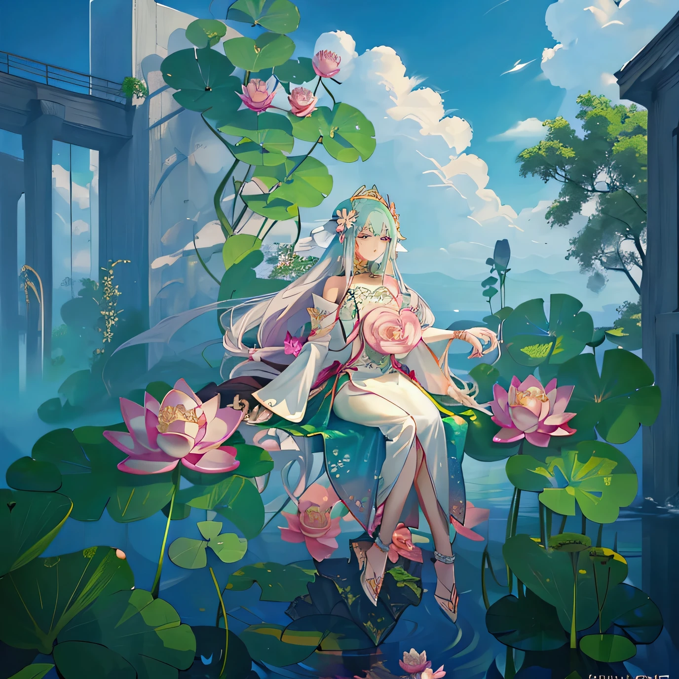 there is a pink flower floating in a pond of water, waterlily mecha nymphaea, standing gracefully upon a lotus, sitting on a lotus flower, with lotus flowers, 🌺 cgsociety, lotus flower, with bloom ethereal effects, pink lotus queen, lotus pond, lotus flowers, lotus, glowing delicate flower, lotuses, dreamy psychedelic anime