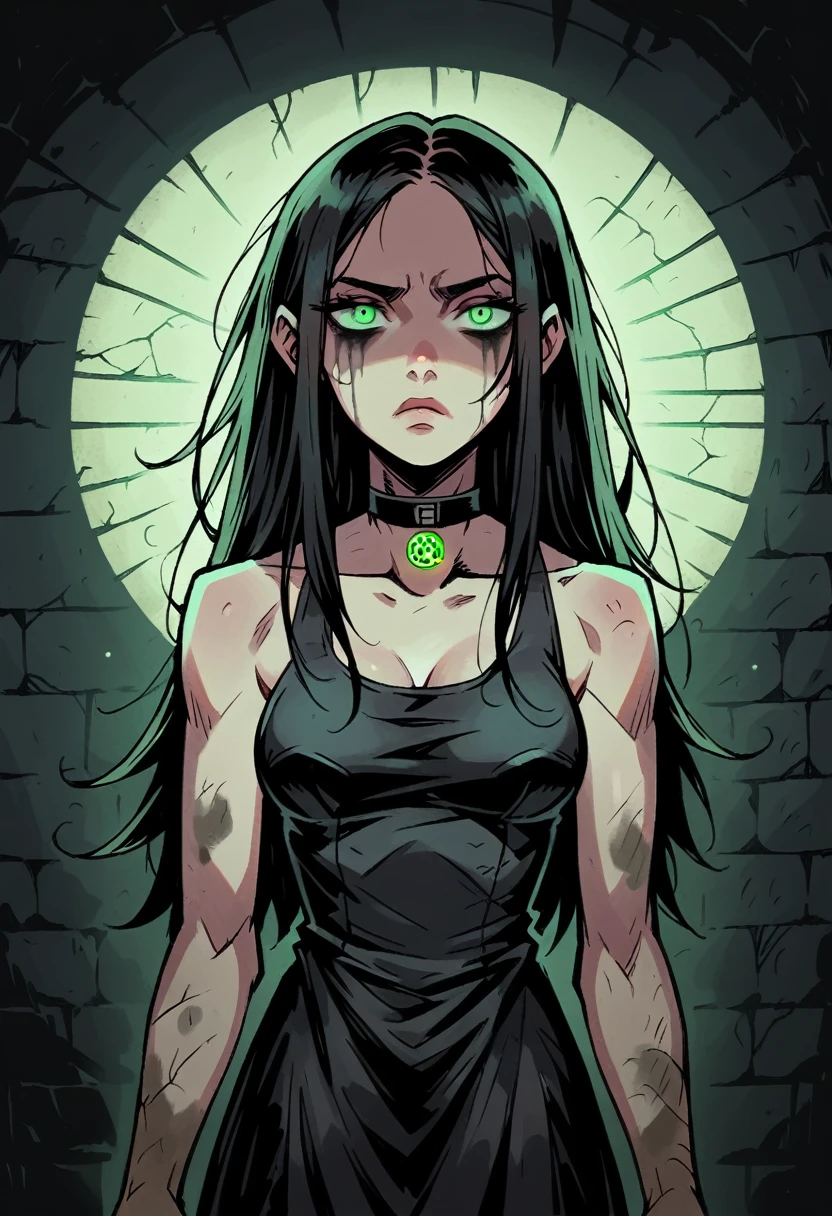 Medium close-up of a dusky skin, slender girl, long hair, dirty black hair, slightly ran mascara. Detailed green eyes and bored expression, looking directly at the viewer, with a finely detailed, ultra-clear face. She wears a choker and black Punk Sleeveless Dress. Showing three tarot cards. The design is highly detailed, with thick outlines and dramatic lighting, inspired by Chris Bourassa. Green neon disk behind. The background features a weathered brick wall with green neon lights, creating dark and atmospheric scene. Highly detailed, inspired by Chris Bourassa's. Dramatic lightning, a green neon lamp lights. Somber character design with thick outlines.
