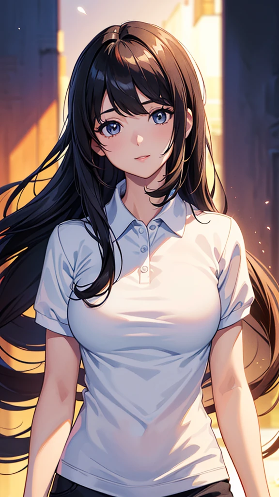 ((masterpiece, Best Quality, High resolution, 超High resolution, Pixel perfect, Depth of written boundary, 4K, RTTX 10.0, High resolution))), ((One person, single, Alone)), Beautiful anime, Beautiful art style, Anime characters,((Long Hair, Parted bangs,Black Hair)), Brown eyes:1.4, Round eyes, Beautiful eyelashes, Realistic eyes), (Detailed face, ), (Smooth texture:0.75, Realistic texture:0.65, Realistic:1.2, Anime CG style) ( from front、top of head,), ((upper bod))y perfect body, Big Breasts, ((White polo shirt、Short collar、Short sleeve、)),, smile, Open your mouth,