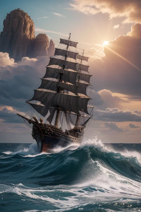 (8k、best quality、masterpiece: 1.2), (real、フォトreal: 1.37),a great pirate ship sailing calmly through the rough waves of the sandy...