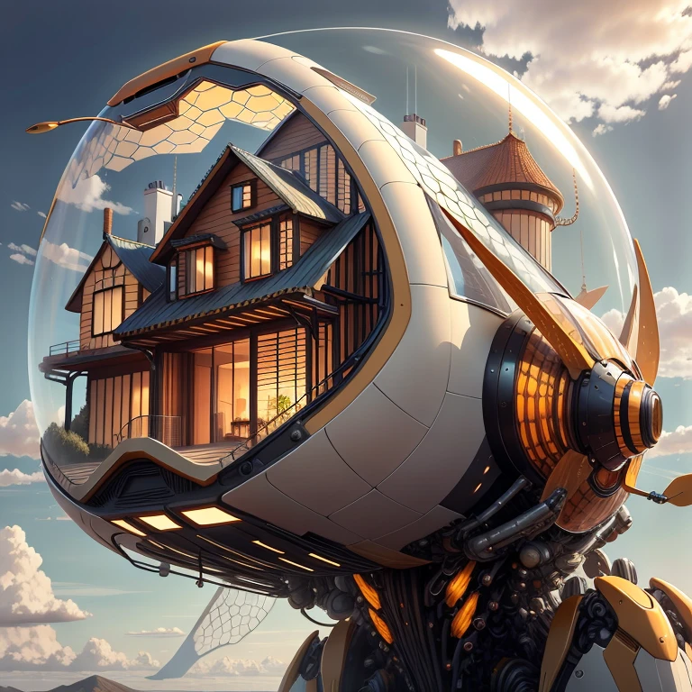 honeytech, honey,realistic, scifi, transparent , see-through, house on a hill 