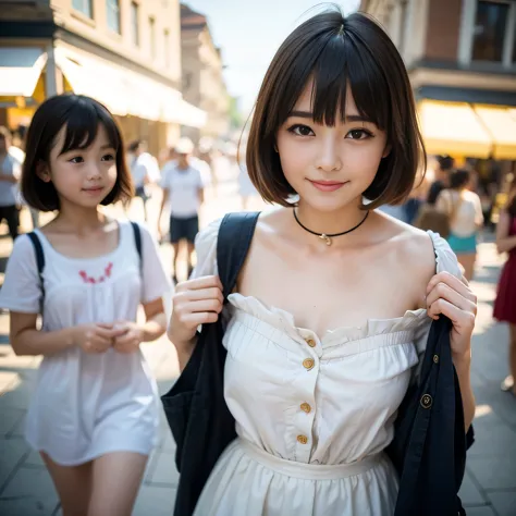 innocent girl, little kid, medium haircut, bangs between eyes, sailor collar, happy, smile, walk and eat, crowded shopping stree...