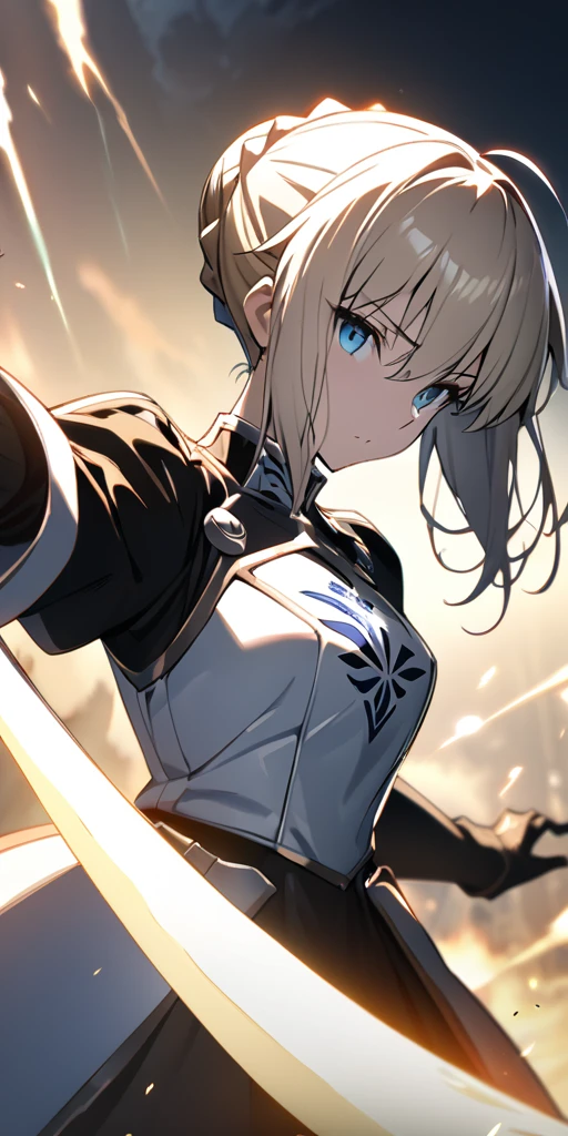 (masterpiece:1.2), (highest quality:1.2), Perfect Eyes, Perfect Face, Perfect lighting,1girl，to know, holding sword artoria pendragon \(fate\), fate \(series\) perspective beautiful, aesthetic, detailed, beautiful color amazing quality, best quality, high quality,Arena