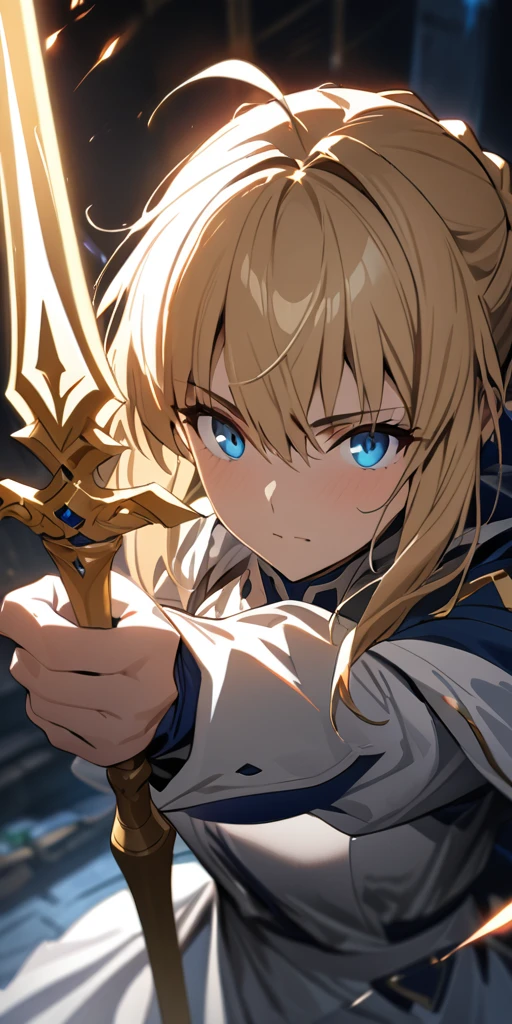 (masterpiece:1.2), (highest quality:1.2), Perfect Eyes, Perfect Face, Perfect lighting,1girl，to know, holding sword artoria pendragon \(fate\), fate \(series\) perspective beautiful, aesthetic, detailed, beautiful color amazing quality, best quality, high quality,Arena