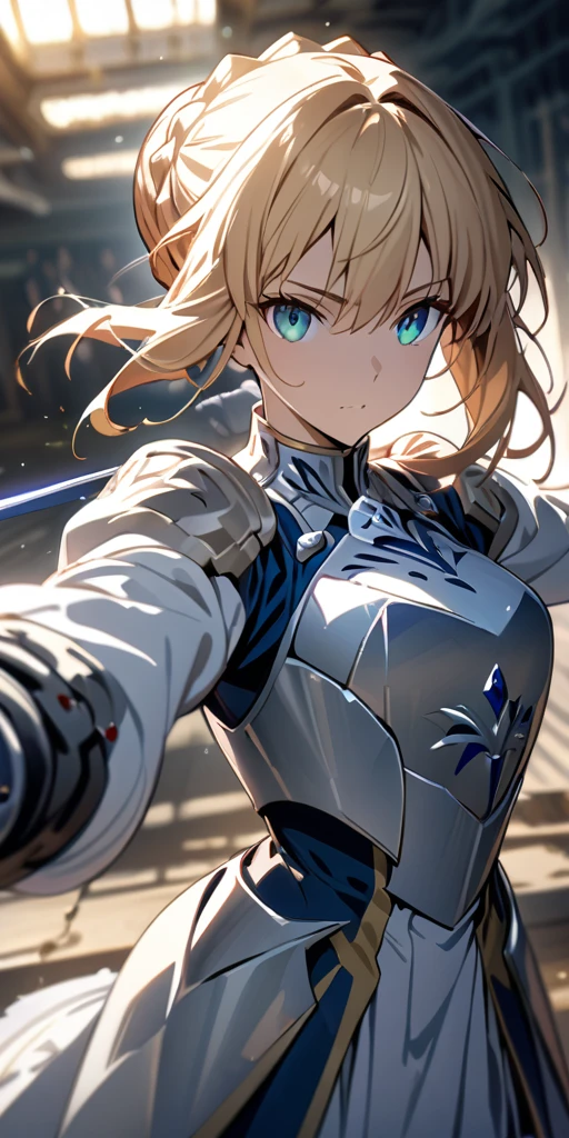 (masterpiece:1.2), (highest quality:1.2), Perfect Eyes, Perfect Face, Perfect lighting,1girl，to know, holding sword artoria pendragon \(fate\), fate \(series\) perspective beautiful, aesthetic, detailed, beautiful color amazing quality, best quality, high quality,Arena