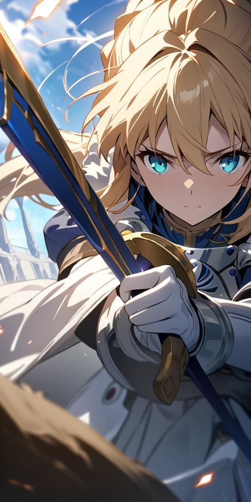 (masterpiece:1.2), (highest quality:1.2), Perfect Eyes, Perfect Face, Perfect lighting,1girl，to know, holding sword artoria pendragon \(fate\), fate \(series\) perspective beautiful, aesthetic, detailed, beautiful color amazing quality, best quality, high quality,Arena