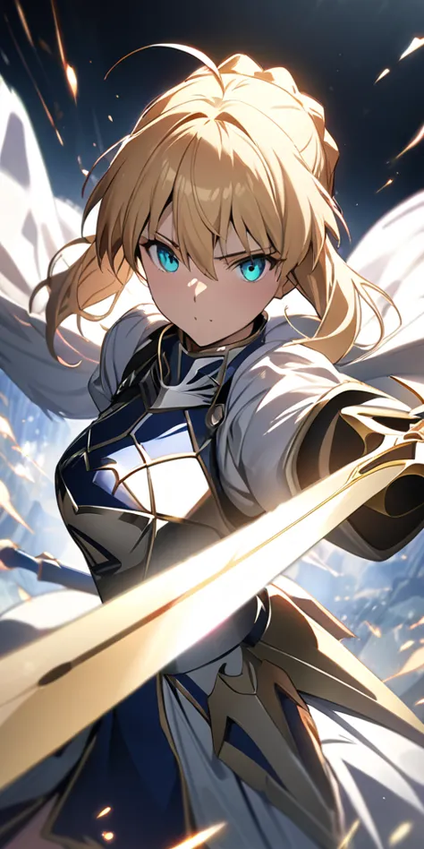 (masterpiece:1.2), (highest quality:1.2), perfect eyes, perfect face, perfect lighting,1girl，to know, holding sword artoria pend...