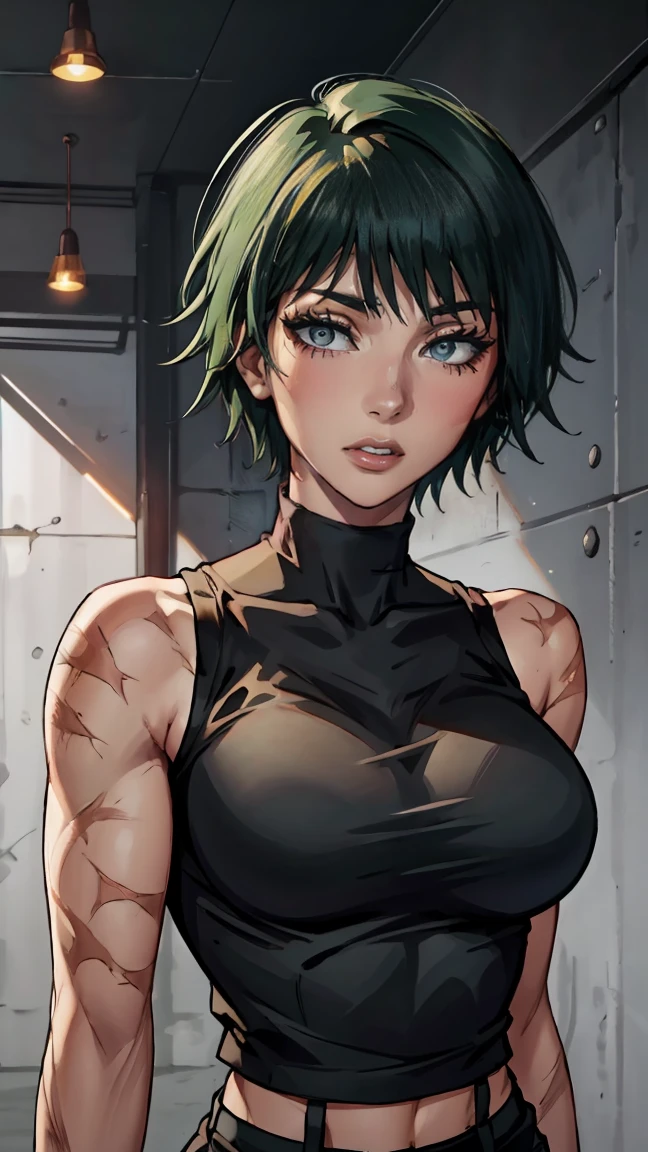 (masterpiece:1.2, best quality:1.2, beautiful, high quality, highres:1.1), 1girl, detailed, short hair, short fluffy hair, short green hair, extremely detailed 4K, perfect eyes, perfect face, only 1 girl, visible bandaid, 1 eye, bandaid covering eye, other eye covered, eye covered with bandaid, circle arms, serious gaze, ready for battle, combat face, nice view, sexy, glasses, circle shaped glasses, yellow shiny eyes, yellow colored eyes, Bandaid on face, posing, hands, arms, scars on arms, scars on face, scars on cheek, bangs, really short hair, scars on body, Maki Zenin eyes, perfect eyes, scars on face, dangerous, eye patch, white bandage on eye, yellow colored eyes, exotica, scar on face, scar on cheeks, visible scars on cheeks, bandage on eye, scar on eye, Maki Zenin, scar on body, very short hair, circle glasses, dark scars on face, Maki Zenin LoRA, black shirt, scar on eye, scars, sleeveless, crop top, beautiful face, perfect lighting, (1girl, solo, adult female, mature female), thin, lithe body, Maki Zenin, green hair, glasses, (big breasts), ((sensual seductive))