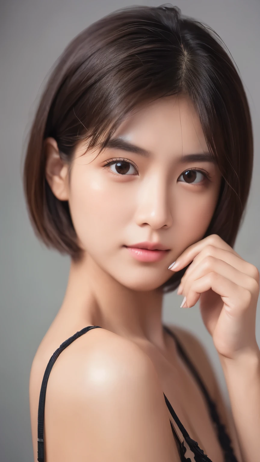 Beautiful girl, Small face, Beautiful sharp eyes., Short hair, Model&#39;s face, Put on beautiful makeup, Beautiful long straight hair, 1, Wearing a white shirt that reveals your chest., Big Breasts, White skin, อยู่ในทุ่งflower, flower, Very high detail, 8k, Realistic lighting, Portrait, stand