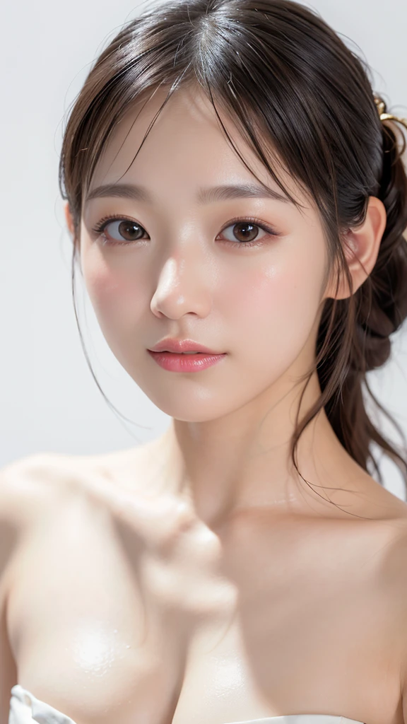 (Highest quality、Tabletop、8k、Best image quality、Award-winning works)、(Face close-up:1.2)、(Pure white background:1.2)、(nude:1.1)、Closed lips、Perfect beautiful face、Glowing Beautiful Skin、Perfect Makeup