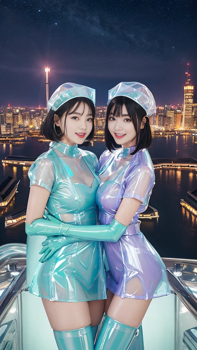 (masutepiece:1.0), (Best Quality:1.4), (A high resolution:1.2), (Photorealistic:1.4),(close up:1.2), (8K, Raw photo:1.2), (Soft Focus:1.4),BREAK,There is 2 girls wearing latex nurse who is hugging each other and jumping to the sky and smiling and taking pictures.............................................................,full body lesbian,( her whole body covered with black latex:1.3),BREAK ,(one girl is wearing a translucent latex clear nurse:1.4),BREAK,(another girl is wearing a translucent latex clear nurse:1.4),BREAK,Slime skin,smooth tight nurse, translucent skin,Latex, Translucent body,latex shiny,detailed hand fingers,(glossy latex gloves:1.2), The perfect costume for your skin,BREAK,bob hair,(mint hair:1.3),glossy shiny reflective,natural make up,goddess of Japan, Glossy skin,gorgeous  japanese model,Tecateca,shiny,Slimy,(Glossy black thigh-high boots:1.2),BREAK,detailed background,in the middle of a city,(floating above a dense night city:1.6),(floating over a city:1.6),