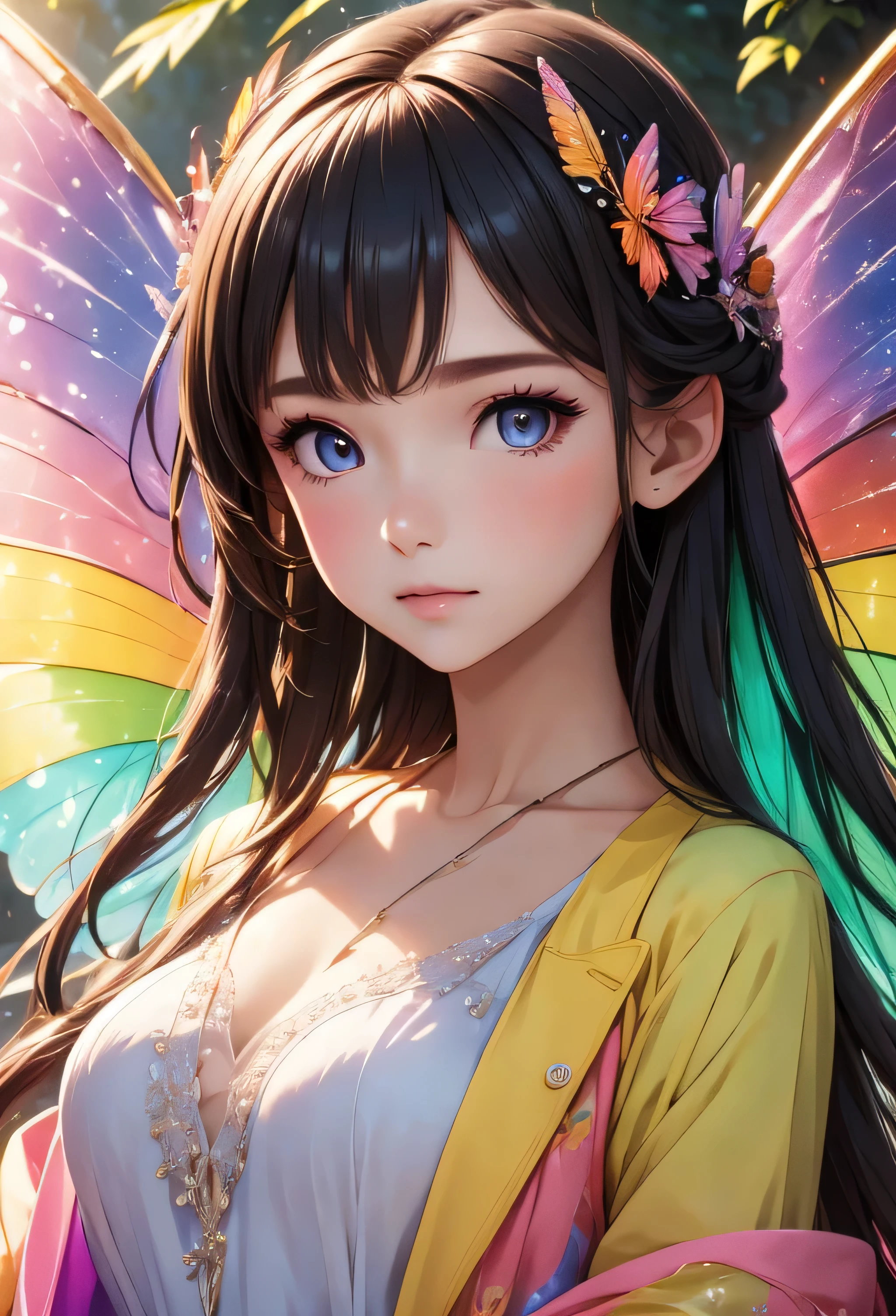 Young woman, facing the camera, piercing gaze, rainbow eyes, glossy rainbow jacket, modest clothing, fully covered, multi-colored wings, symmetrical wings, medium close up