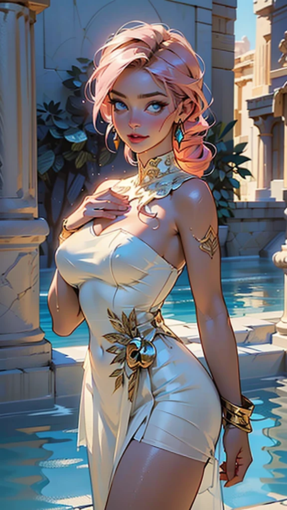 Greek goddess,sexy face,supernatural beauty,pink hair,long curly vibrant pink hair decorated with flowers,Her figure is extremely voluptuous,gigantic breasts,heavy breasts,fitness hip,

woman,1female,((milf,mom,mature,mature woman,4 female,adult)),

(large breasts:1.5),saggy breasts,colored inner hair,((blue_eyes:1.3)),intricate eyes,beautiful detailed eyes,symmetrical eyes,((((lustrous skin:1.5,bright skin: 1.5,skin tanned,shiny skin,very shiny skin,shiny body,illuminated skin,glossy skin,wet look skin,oily sheen,reflective skin,glistening skin)))),(spider lower abdomen,narrow waist,wide hip,bimbo body,inflated legs,thick thighs),(((detailed face))),

(cute,slutty,sensual,seductive look,seductive,((erotic)),((nsfw)),

(((Greek clothing,greek girl in greek toga,himation,greek dress,tiny loose dress,sheer dress,bare shoulders,bare neck,bare collarbone,thighs,golden greek jewelry,sleeveless,old Greek-style clothing,chiton,strapless))),queen,goddess,fantasy,revealing clothing,show skin,(white clothes),greek style,golden greek bracelets,white silk,((Transparent cloth:1.5)), ((((intricate outfit,intricate clothes)))),golden accessories,

(dynamic pose:1.0),arrogant face,arrogant smile,(centered,scale to fit dimensions,Rule of thirds,cowboy shot),

(((beautiful bath house made of greek marble and pillars, beautiful clear water in pool))),scenery:1.25,(((intricate scenery))),(((greek temple background))),scenery background,

(Glossy greek ornaments),highres,sharp focus,(ultra detailed,extremely detailed),(photorealistic artwork:1.37),(extremely detailed CG unity 8k wallpaper),(((vibrant colors,vibrant theme))),(intricate,dramatic lighting,spotlight,backlighting),(masterpiece),(best quality),artistic photography,(photography taken by sldr),(intricate background),perfect rendered face,perfect face details,realistic face,photo realistic,((intricate detail)),(((realism))),Deep Colours,dark fantasy art,
