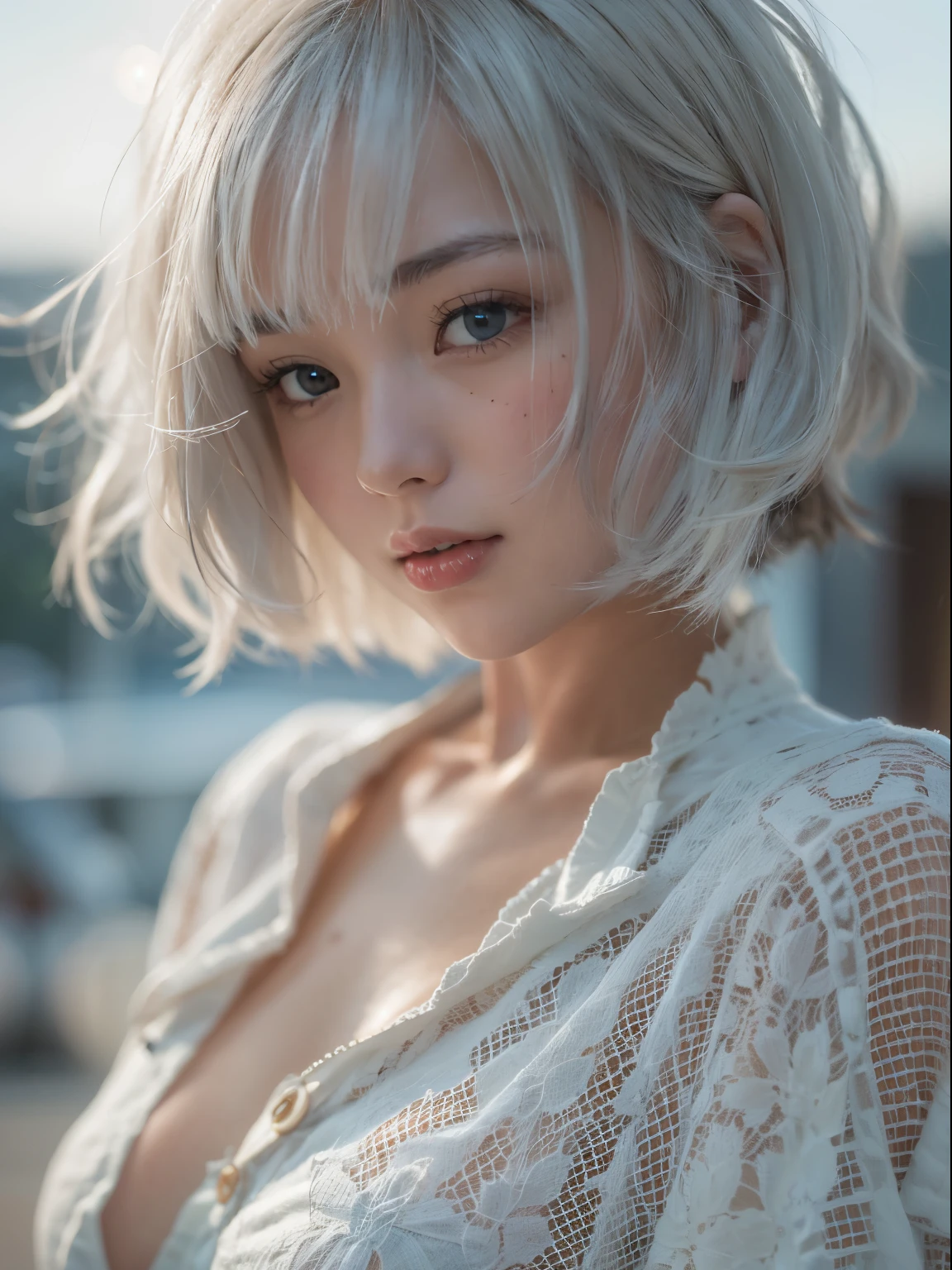 (RAW Photos:1.2), (Realistic:1.4), Cinema Lighting, Beautiful detailed 1 Japanese woman, Very detailed eyes and face,  ((wearing front button opening white browse, no bra and denim shorts)), Beautiful attention to detail, High resolution, Very detailed, Highest quality, masterpiece, pixie cut white hair,  (Dynamic pose), (Sexy pose),  (Bent knees), nsfw, upshorts, from below