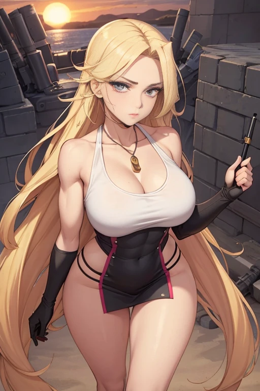 Cel-shaded, color manga, seed 156378292, the background is a sunset harbor, full-body angle. A beautiful woman with long blonde hair. Her hair extends down to her shoulder blades, flowing naturally in the wind. The color of her hair is bright gold, reflecting light and giving it a radiant shine. Her face is sharp, with high cheekbones and a defined jawline that stands out. Her eyes are a striking pink, conveying a strong sense of will. Her eyebrows are thin, sharp, and straight, designed to express her strength and confidence. Her nose is straight, and her lips are somewhat thick but tightly closed, giving her an expression of provocation and confidence. Her expression reflects a mix of calmness and anger, portraying tension in the middle of a battle. She is dressed in a white T-shirt with an open chest design. She is wearing a black mini-skirt, which emphasizes her slender yet muscular figure. Around her neck is a pearl necklace, and she has gold bracelets on both wrists. Her large chest is noticeable under the T-shirt, highlighting her feminine curves. Overall, she has a slender but muscular physique, with particularly well-defined abs and arm muscles, showing a fit and trained posture. She is over 170 cm tall with a well-balanced figure. Her large chest, tight waist, and long legs are distinctive features. Her physique combines femininity and strength. She is holding two black pistols, mid-action, with bullets already fired. Her legs are slightly apart as she stands firmly, with bent knees, taking a strong stance that conveys the tension of battle. She has a cigarette in her mouth, further emphasizing her rebellious attitude. The setting sun behind her enhances her powerful pose, highlighting her charisma