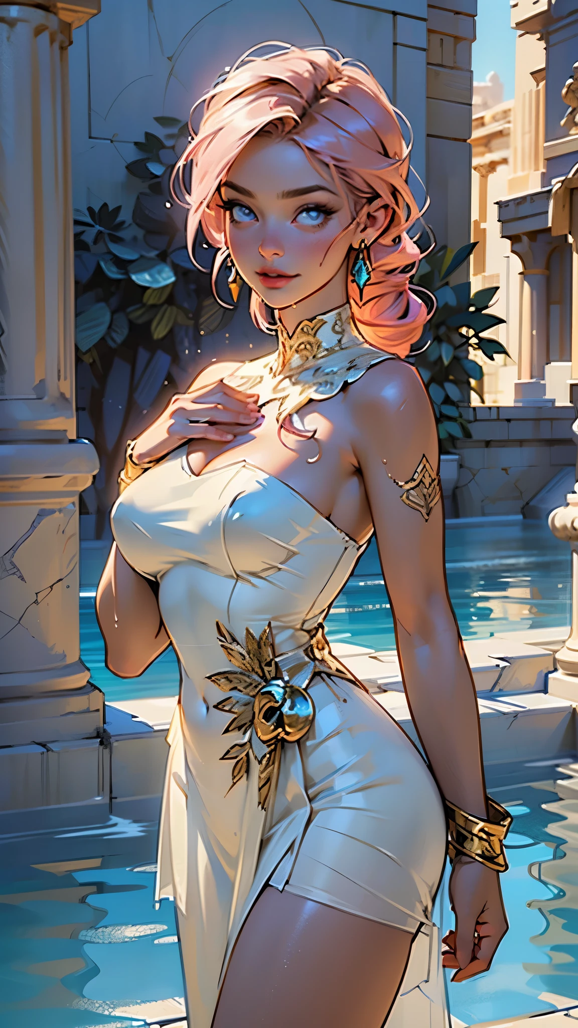 Greek goddess,sexy face,supernatural beauty,pink hair,long curly vibrant pink hair decorated with flowers,Her figure is extremely voluptuous,gigantic breasts,heavy breasts,fitness hip,

woman,1female,((milf,mom,mature,mature woman,4 female,adult)),

(large breasts:1.5),saggy breasts,colored inner hair,((blue_eyes:1.3)),intricate eyes,beautiful detailed eyes,symmetrical eyes,((((lustrous skin:1.5,bright skin: 1.5,skin tanned,shiny skin,very shiny skin,shiny body,illuminated skin,glossy skin,wet look skin,oily sheen,reflective skin,glistening skin)))),(spider lower abdomen,narrow waist,wide hip,bimbo body,inflated legs,thick thighs),(((detailed face))),

(cute,slutty,sensual,seductive look,seductive,((erotic)),((nsfw)),

(((Greek clothing,greek girl in greek toga,himation,greek dress,tiny loose dress,sheer dress,bare shoulders,bare neck,bare collarbone,thighs,golden greek jewelry,sleeveless,old Greek-style clothing,chiton,strapless))),queen,goddess,fantasy,revealing clothing,show skin,(white clothes),greek style,golden greek bracelets,white silk,((Transparent cloth:1.5)), ((((intricate outfit,intricate clothes)))),golden accessories,

(dynamic pose:1.0),arrogant face,arrogant smile,(centered,scale to fit dimensions,Rule of thirds,cowboy shot),

(((beautiful bath house made of greek marble and pillars, beautiful clear water in pool))),scenery:1.25,(((intricate scenery))),(((greek temple background))),scenery background,

(Glossy greek ornaments),highres,sharp focus,(ultra detailed,extremely detailed),(photorealistic artwork:1.37),(extremely detailed CG unity 8k wallpaper),(((vibrant colors,vibrant theme))),(intricate,dramatic lighting,spotlight,backlighting),(masterpiece),(best quality),artistic photography,(photography taken by sldr),(intricate background),perfect rendered face,perfect face details,realistic face,photo realistic,((intricate detail)),(((realism))),Deep Colours,dark fantasy art,
