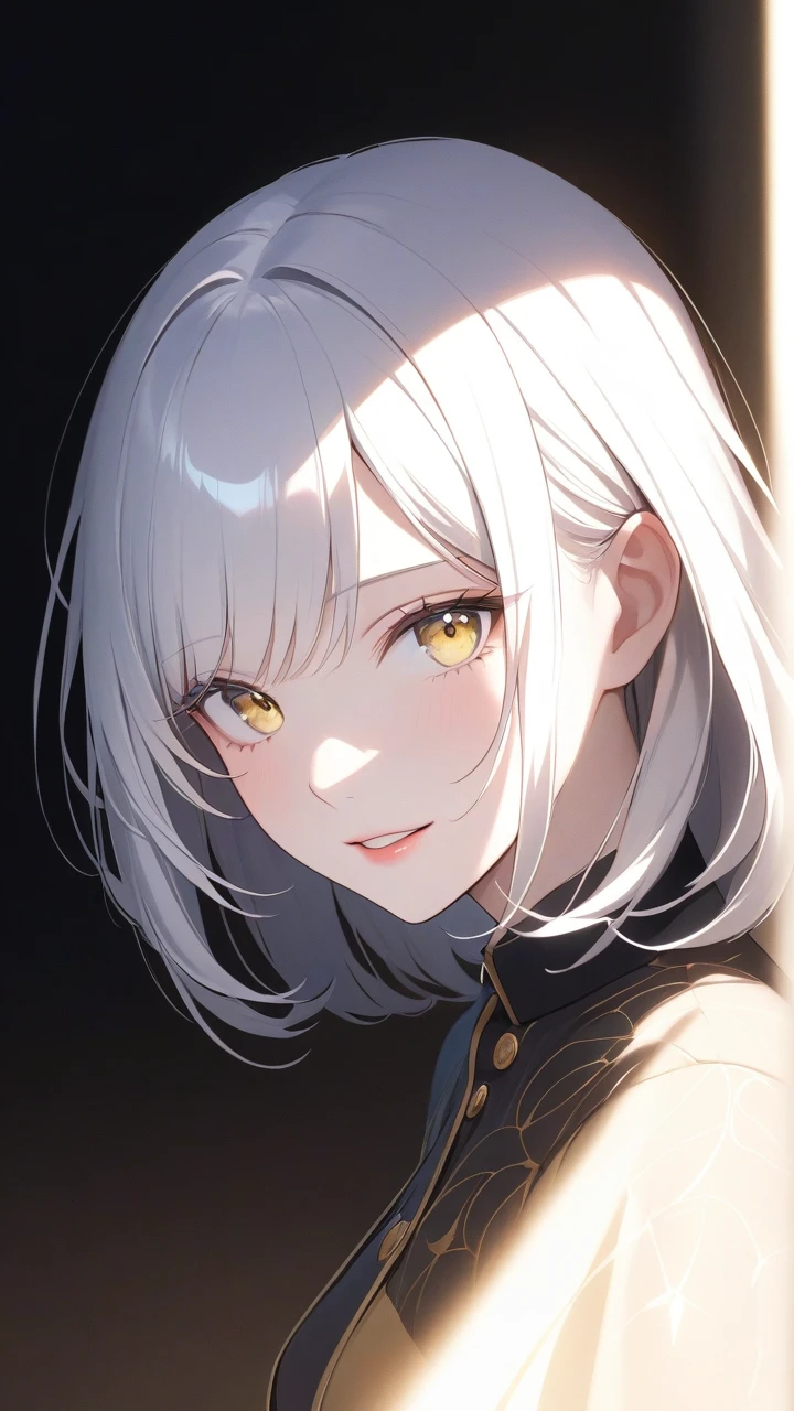 dark,caustics,colorful,gorgeous light and shadow,full body,
The girl's pale skin,her lips are slightly open to reveal her teeth,and her (blue and yellow eyes) eyes are blur and dreamy. mottled light and shadow,portrait,white hair,side face,