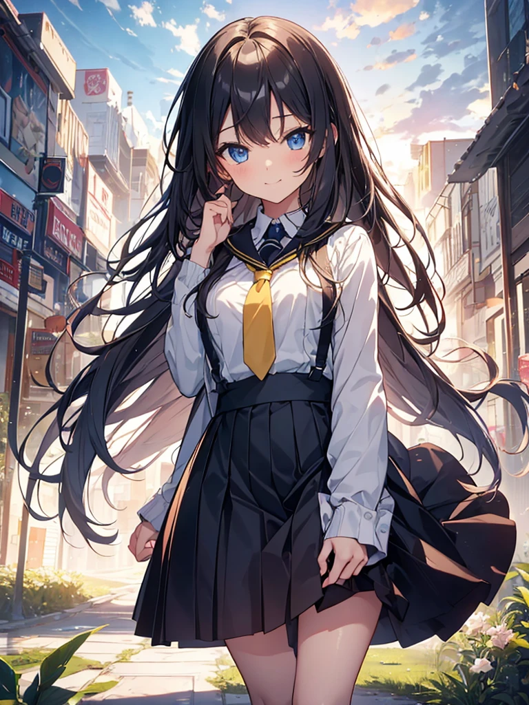 Woman gazing diagonally upwards, {{{Soft smile}}}, Black Sailor Suit, Long skirt, {{{{{Bright yellow long wavy hair}}}}}, Best Quality,Best image quality,Perfect Anatomy,masterpiece,Very detailedな,beautiful,super high quality, Best Quality,High resolution, Very detailed,Game CG,Dutch Angle ,beautiful details,Visual Arts,Five fingers, Perfect hands,Hide your hands, {{{One Girl}}}, Beautiful detailed girls, Game CG, masterpieceアニメ，Best Quality, Very detailedな顔，Power Pro, Sugami Hisashi, {{{One Girl}}}, Blue Eyes, Female Manager, School grounds, Yellow tie, Sleepy smile, Knee-high portrait, Three-dimensional background, Multiple clouds,