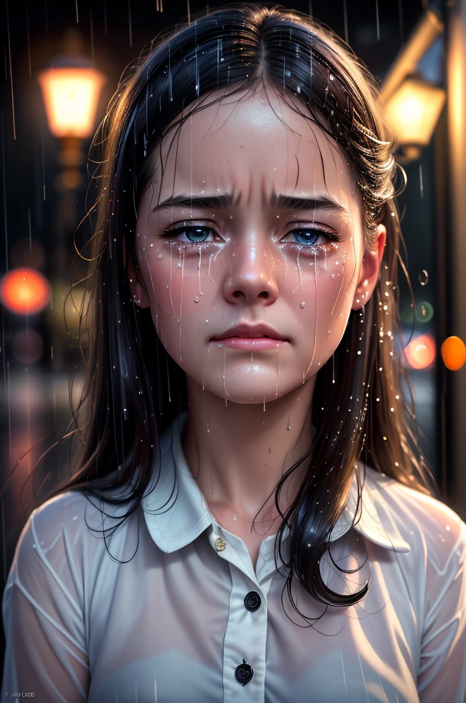 Photorealistic, highest quality, highest resolution, super detailed, 16k, movie lighting, rainy night, crying girl, big tears, wet in the rain, wet hair, street lamp light, detailed eyes, Expressions of sadness, tears rolling down cheeks, angles of view that look like classic movies, works by famous directors,